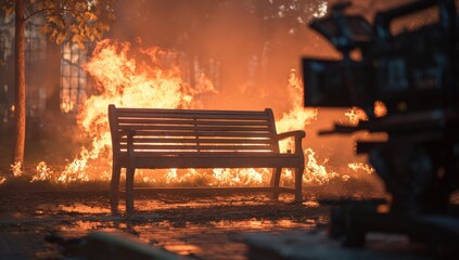 Park bench in a fiery scene