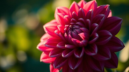 Red dahlia flower closeup with blurred green background