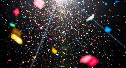 Vibrant confetti explosion creates celebratory atmosphere with bright lights and dynamic movement