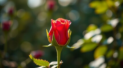 Red rose bud close-up with green foliage background