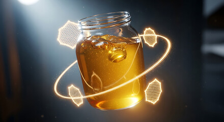 Jar of golden honey with glowing particles and abstract shapes