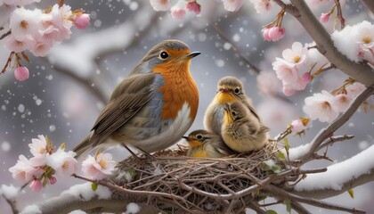 Robin bird with chicks in nest among cherry blossoms