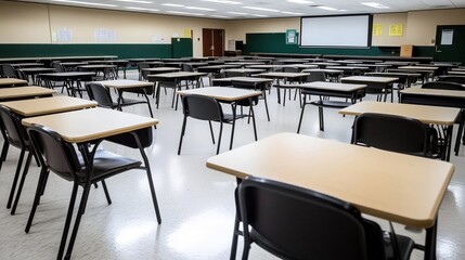 Bright, tidy classroom with rows of empty desks and a large projection screen at the front. Clean academic setting ideal for back to school ads, education services, tutoring, training, and messaging.