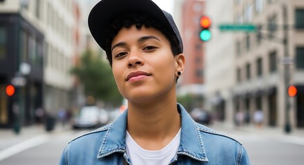 Confident young person wearing denim jacket and cap looking directly at camera with urban street background