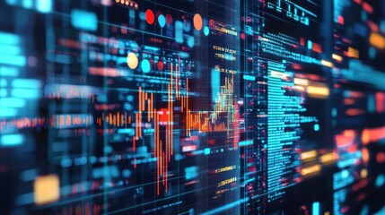 A digital interface with colorful data and code, featuring a grid of blue and orange dots and lines.