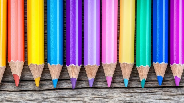 Vibrant colored pencils aligned on rustic wood, sharp tips and rainbow hues suggest creativity, learning, and organization; ideal for back to school promotions, stationery ads, education campaigns.