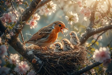 Robin feeding chicks in nest among blossoming tree branches