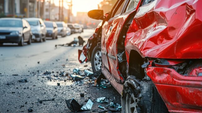 A red car with significant damage on the road.