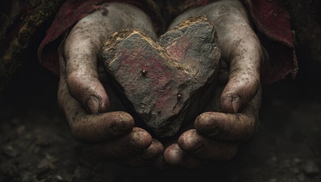 Rough hands holding a heart-shaped stone