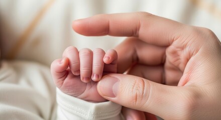 A parents large hand gently holds the tiny fingers of a newborn baby symbolizing love and connection