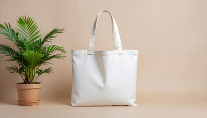 white tote bag mockup with beige wall background