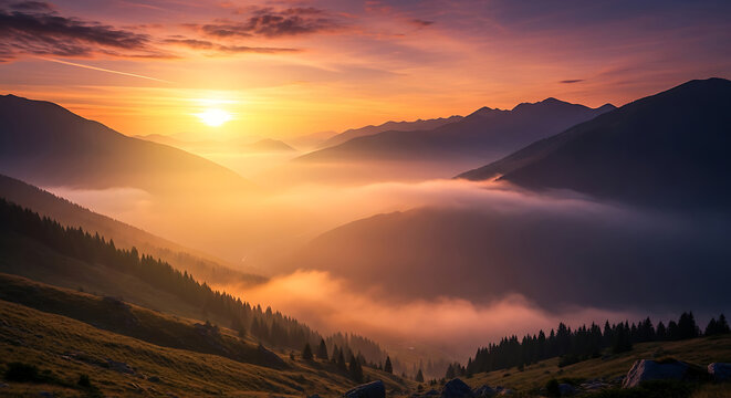Majestic mountain valley bathed in golden sunrise light with fog