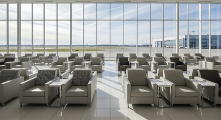 Modern airport lounge offers comfortable seating with expansive views of tarmac and terminal