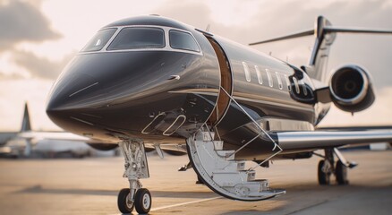 Obraz premium Private jet on tarmac at sunrise (1)