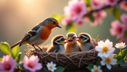 Robin feeding chicks in nest springtime