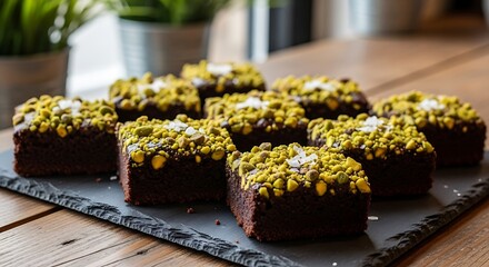 Indulge in rich chocolate brownies topped with vibrant pistachios and flaky sea salt.