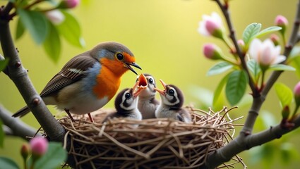 Robin feeding chicks in nest springtime