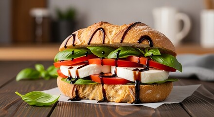 Savor the fresh Caprese sandwich bursting with vibrant tomato, basil, and mozzarella cheese drizzled with balsamic glaze.