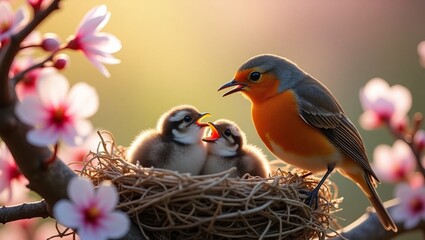Robin feeding chicks in nest springtime
