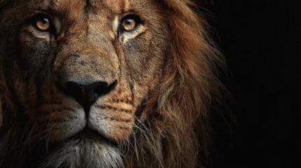 Lion's Gaze: A close-up portrait of a majestic lion, its intense eyes piercing through the darkness, showcasing the regal presence of the king of the savanna.