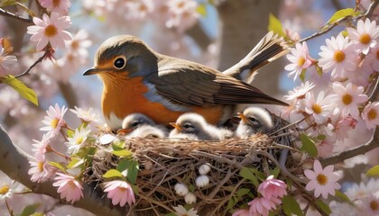 Robin feeding chicks in spring nest