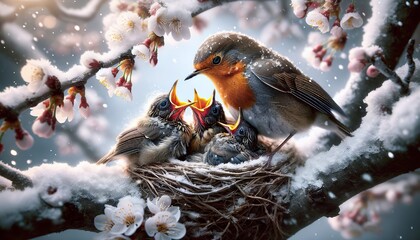 Robin feeding chicks in nest with snow-covered branches