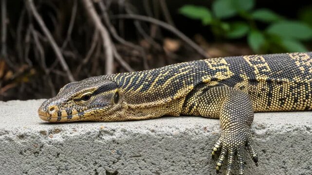 A detailed closeup captures a monitor lizard resting on a textured concrete surface, showcasing its intricate black and yellow patterned skin and sharp claws
