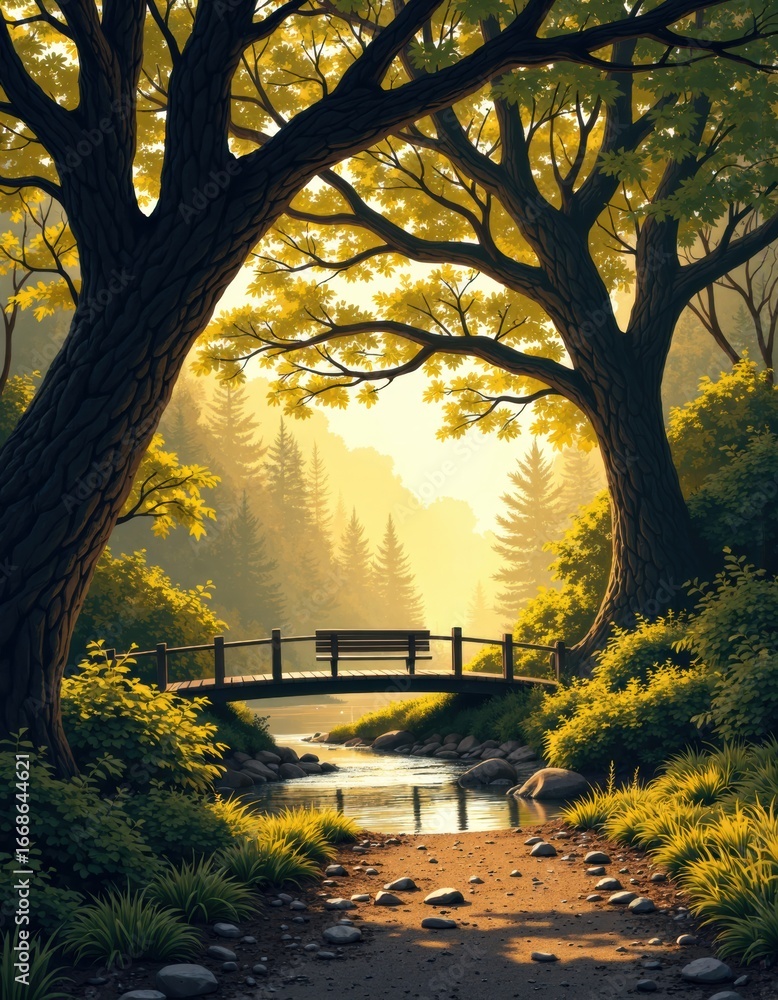 Poster serene forest trail with a charming bridge and gravel path surrounded by trees