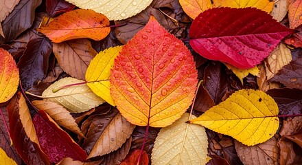Vibrant autumn leaves glistening with raindrops create a rich, textured tapestry of seasonal beauty.
