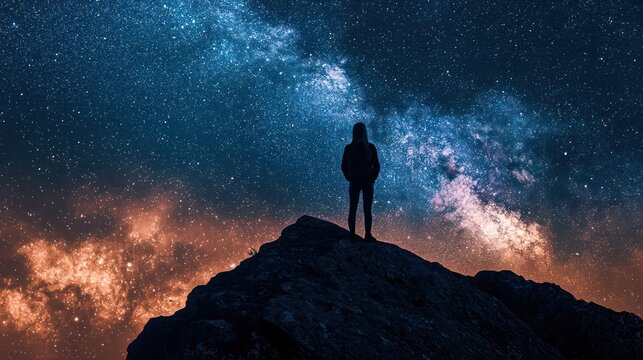 A person standing on a rocky outcrop with the Milky Way galaxy in the background.