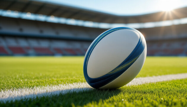 Rugby ball resting on the finish line of a bright stadium field, blurred grandstands emphasize game atmosphere, mood of anticipation and focus, concept of competition, victory, sports spirit, teamwork