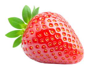Whole Fresh Strawberry with Leaf, Side Angle, Isolated