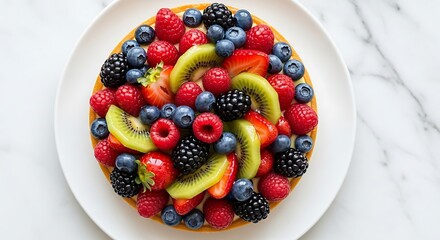 Vibrant fresh fruit tart bursting with berries and kiwi slices, a delightful dessert masterpiece.