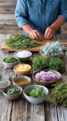 Person Preparing Natural Remedies with Herbs and Plants on Rustic Wooden Table