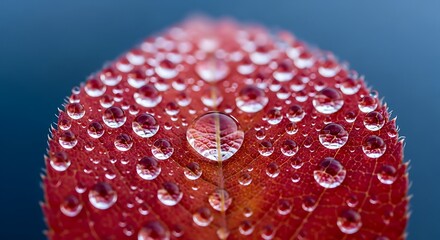 Stunning close-up of vibrant red leaf covered in glistening morning dew drops, nature's artistry revealed