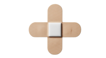 A close-up studio shot of a beige adhesive bandage in a cross shape, centered on a white background.