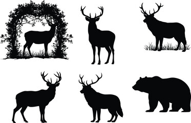 Wildlife animal silhouettes, deer and bear in forest scene, black vector illustration, hunting design elements, rustic wilderness nature artwork