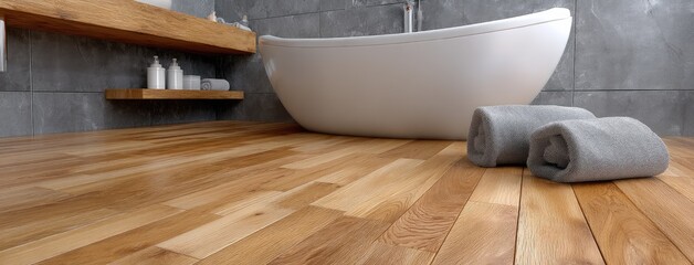 Minimalist bathroom with wooden flooring, comfortable bathtub, and neatly rolled gray towels during daylight hours