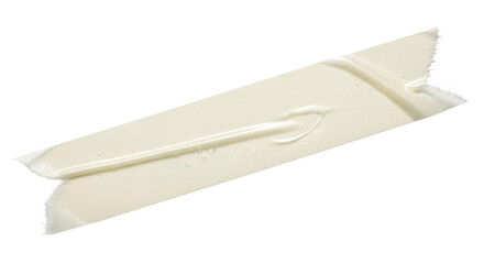 A piece of off-white masking tape, slightly creased and torn at the ends, isolated on a white background.