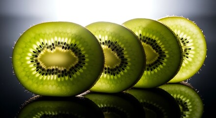 Vibrant kiwi slices illuminated from behind reveal intricate seeds and juicy flesh, perfect for healthy lifestyle visuals.
