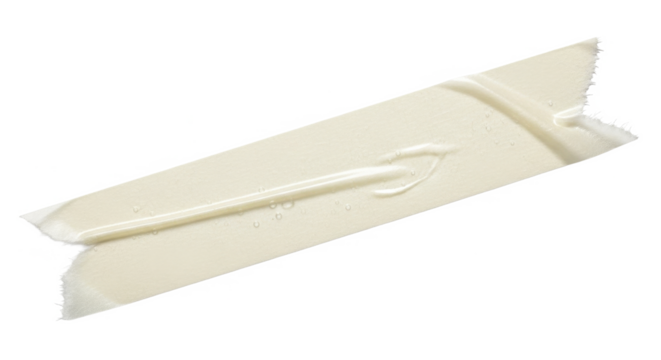 A piece of off-white masking tape, slightly creased and torn at the ends, isolated on a white background.