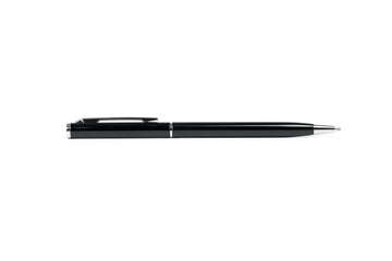 Modern sleek black ballpoint pen with a silver clip for office use. isolated on white background...