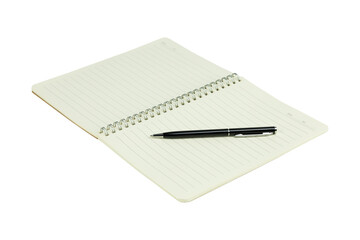 Black pen on a blank open spiral notebook for notes or journaling. isolated on white background with clipping path.