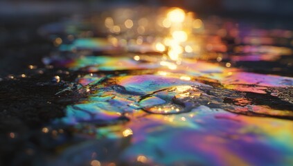 Close-up of iridescent puddle reflecting light