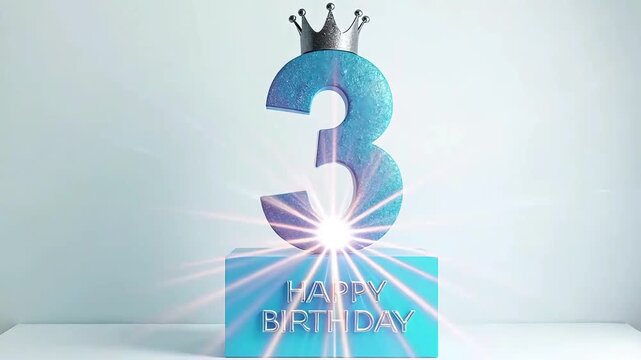 Glittery blue number 3 with silver crown on HAPPY BIRTHDAY base, radiant light burst and festive birthday decor
