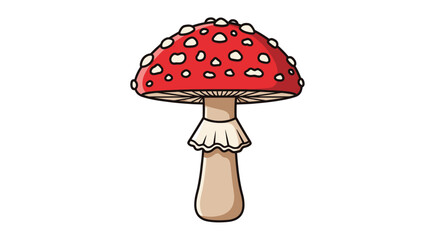 Colorful illustration of a red mushroom with white spots and a beige stem.