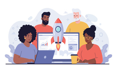 Business Teamwork Illustration, flat design with people working together on a project with rocket launch graphic