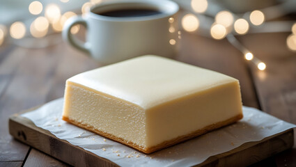 Decadent square cheesecake served with coffee and bokeh lights