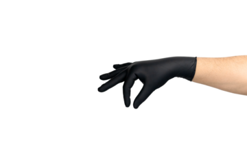 Hand in a black glove in a picking, sprinkling, or grabbing gesture. A concept for culinary or creative actions. isolated on white background with clipping path.