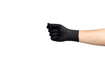 Hand in a black glove in a closed or holding position, ready to give or receive an object. isolated on white background with clipping path.
